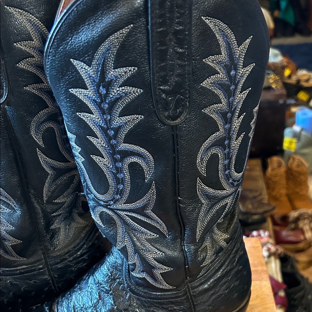 Black and Blue Ostrich leather Western Cowboy Boots - Picture 3 of 12